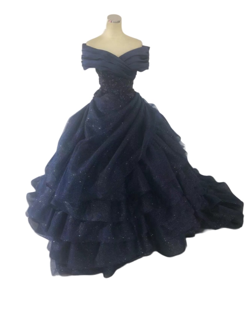 華やか カラードレス ネイビー オフショルダー 3D立体レース刺繍 グリッタードレス アンティークなドレス 編み上げ 花嫁 前撮り