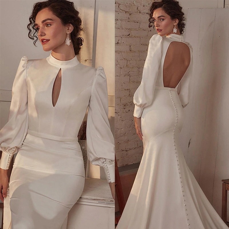 新しいフレンチドレスのスタンドカラーの長袖のセクシーな背中のショーの宴会のドレス