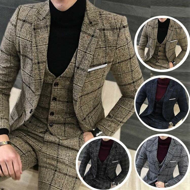 メンズチェック柄スリーピーススーツ3点Iセット3ピーススーツビジネススーツフォーマル入学式紳士服結婚式通勤スリム大きいサイズあり