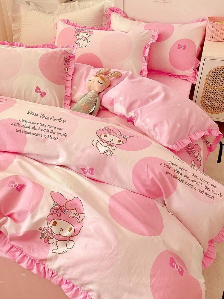 メロディプリンセスコットン4点セット 純綿女の子用寝具 ピンク 掛け布団カバーシーツ 3点セット