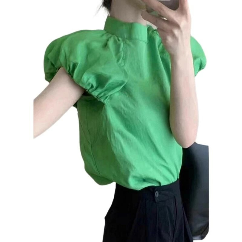 半袖 パフスリーブ スタンドカラー レディース おしゃれ 春夏 カジュアル ギャザー 装飾 普段使い お出かけ 旅行 プルオーバー 無地 ニッチ トップス シンプル 緑