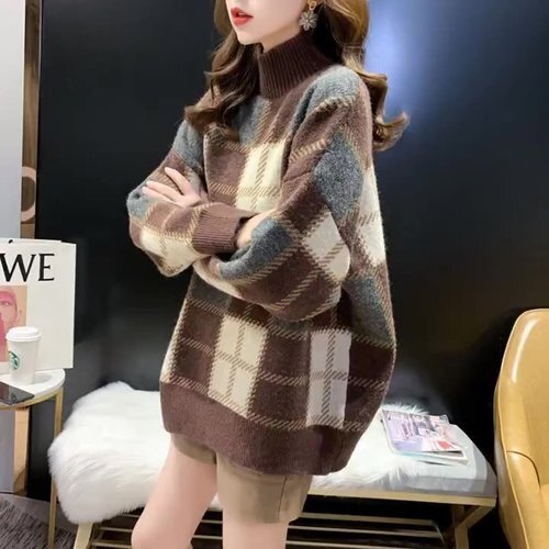 レディース ファッション セーター 秋冬 暖か CLASSIC ハイネック ゆったり チェック カジュアル 人気 コーヒー色 2726