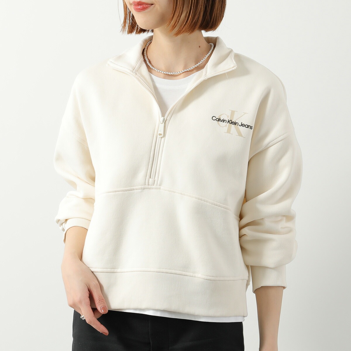 CALVIN KLEIN JEANS カルバンクライン ジーンズ トレーナー 472025S レディース ハーフジップ 裏起毛 スウェット 長袖 100/antiquewhite