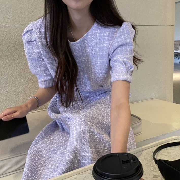 ワンピース スカラップ ツイード お嬢様 上品 ラベンダー 白 韓国 レディース オルチャン ミモレ ミモレ丈 袖あり 5分袖 五分袖 ラウンドネック 襟付き フレア セミフレア ファスナー