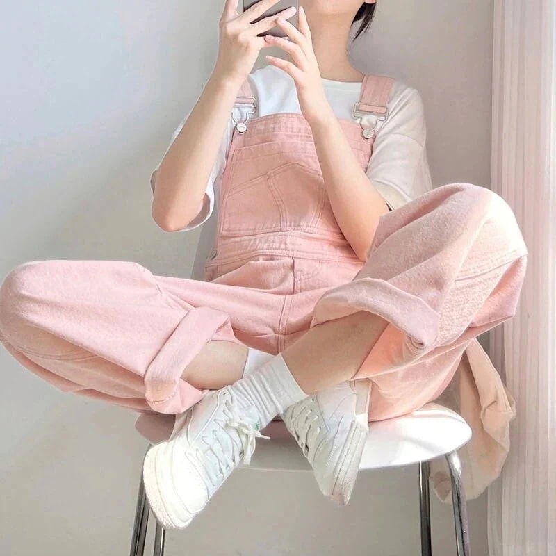 23新作ピンクデニムオーバーオール韓国女性バージョンルーズスモール齢制限ハイウエストストレートジャン