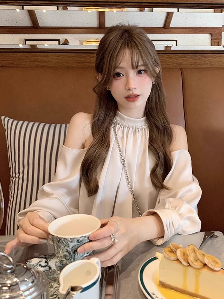 トップス シャツ ブラウス 長袖 オフショルダー ホルターネック 大人可愛い 大人 おしゃれ お洒落 セクシー フォーマル 無地 春 秋 冬 レディース デート お出かけ 女子会 休日 旅行