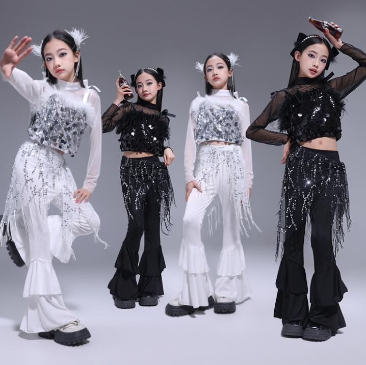 女の子ダンス衣装ジャズヒップホップチアダンス服スパンコールベスト メッシュｔシャツ 2重フレアガウチョパンツヒップスカーフ3点 4点セットkpophiphop