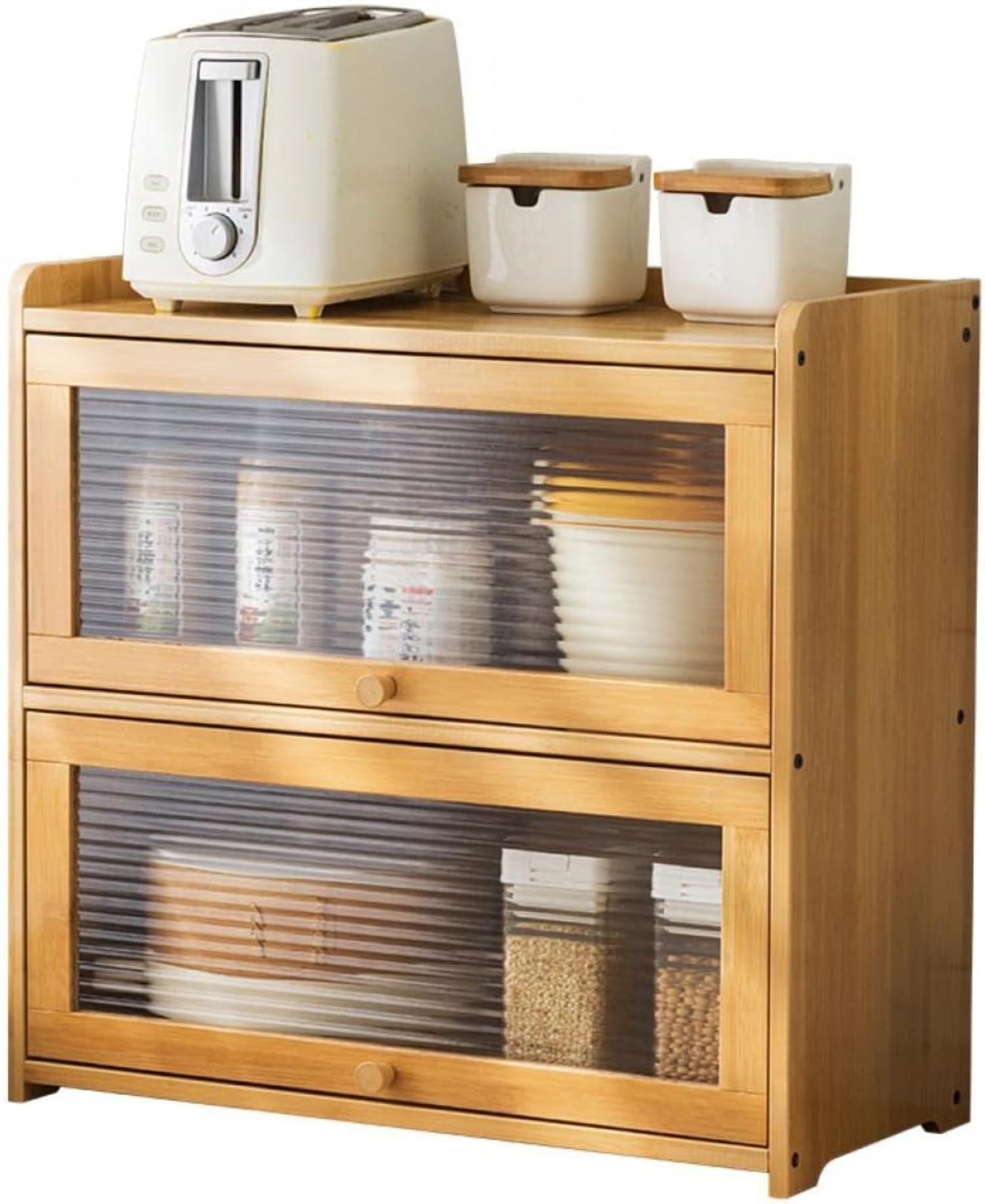 食器棚 卓上食器棚 キッチン収納棚 キッチンキャビネット レンジ台 アクリル扉 組み立て式 おしゃれ 竹製 収納便利 台所収納 (52*25*50cm ナチュラル)