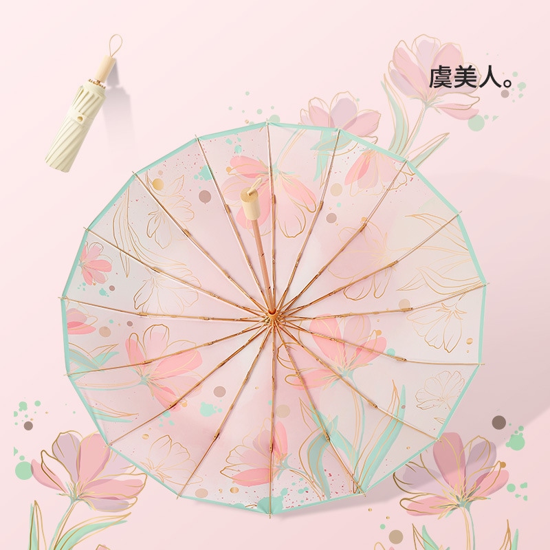 三つ折り16本骨ゴールドポール複合カラーラバーサンシェード日焼け止めuv保護レトロ晴雨兼用日傘