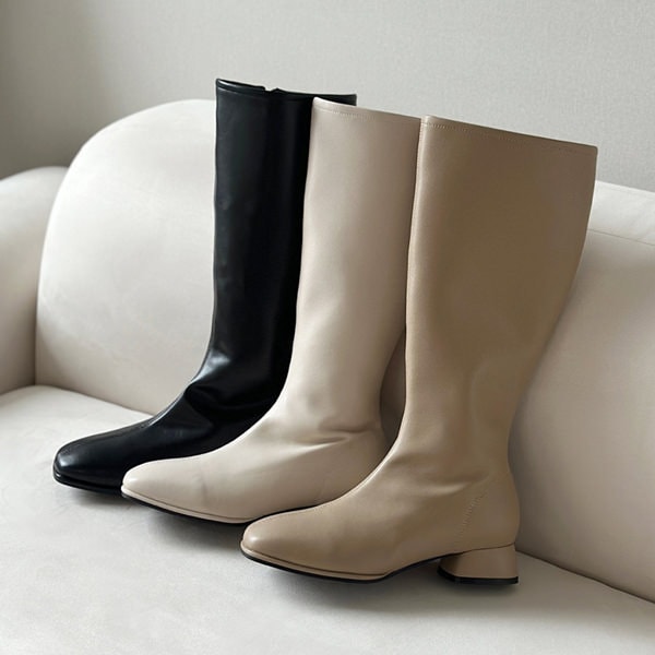 ロングブーツ ジョッキーブーツ スクエアトゥ サイドジップ 天然牛革 フラット レディース ローヒール 黒 ブラック ベージュ アイボリー 靴 婦人靴 韓国