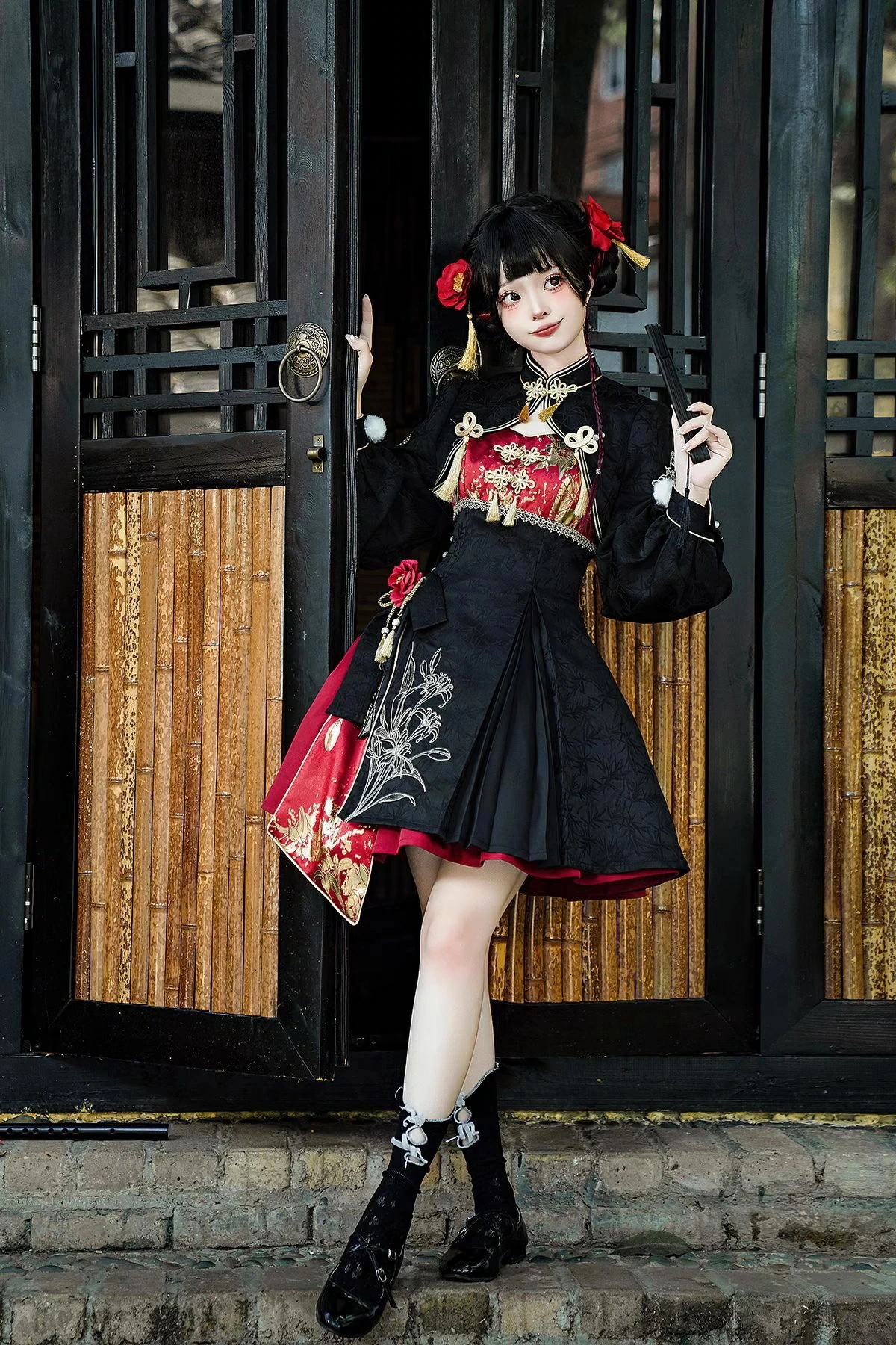 3点4点セット ロリータドレス 改良 長袖トップス 中華 チャイナ 立ち襟 花柄 ジャンパースカート ワンピース レディース ロリータ ハロウィンコスチューム ハロウィンパーティー 漢 学園祭 イ