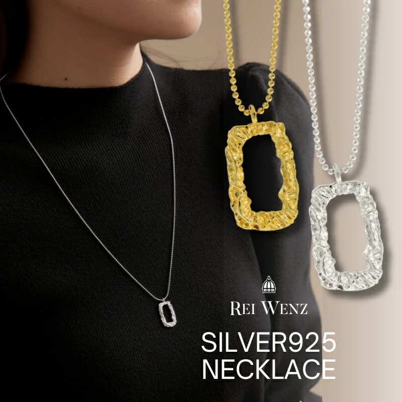 【高品質silver925】ネックレス　ロング　スクエア　ボールチェーン シルバー925　大振り インスタ 大人かわいい おしゃれ シンプル レディース シルバー ゴールド 重