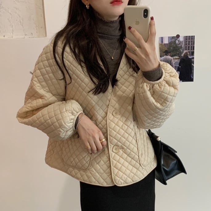 レディース アウター コート キルティングジャケット キルティング 中綿ジャケット Vネック