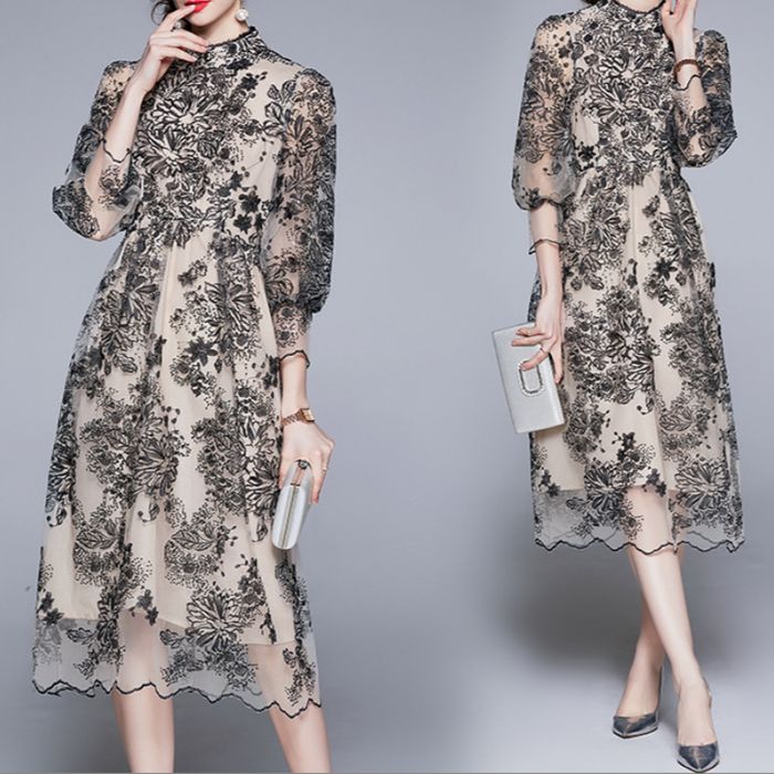 パーティードレス 韓国 ドレス 個性的 ワンピース プチプラ オケージョン ぽっちゃり 大きいサイズ シースルー レース ブラック ハイネック フレアワンピース パフスリーブ 膝丈 袖あり スタイルア