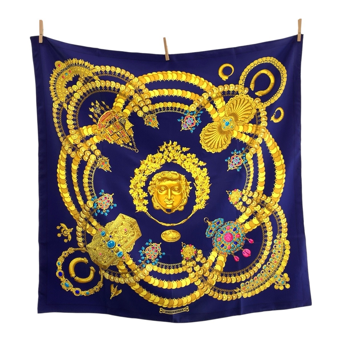 超美品 KOSMIMA カレ90 ネイビー イエロー シルク スカーフ 大判スカーフ レディース 503900