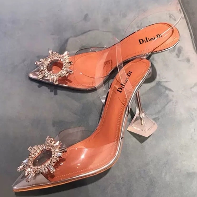 レディース サンダル ミュール ハイヒール ピンヒール 太ヒール ストラップ ビジュー ラメ 美脚 脚長 クリア かわいい 大人可愛い きれいめ 上品 おしゃれ フォーマル エレガント ラブリー