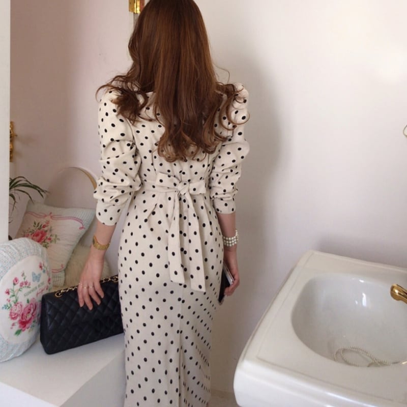 2color レディース ワンピース 膝下丈 ブラウン ブラック 長袖 ドット柄 281