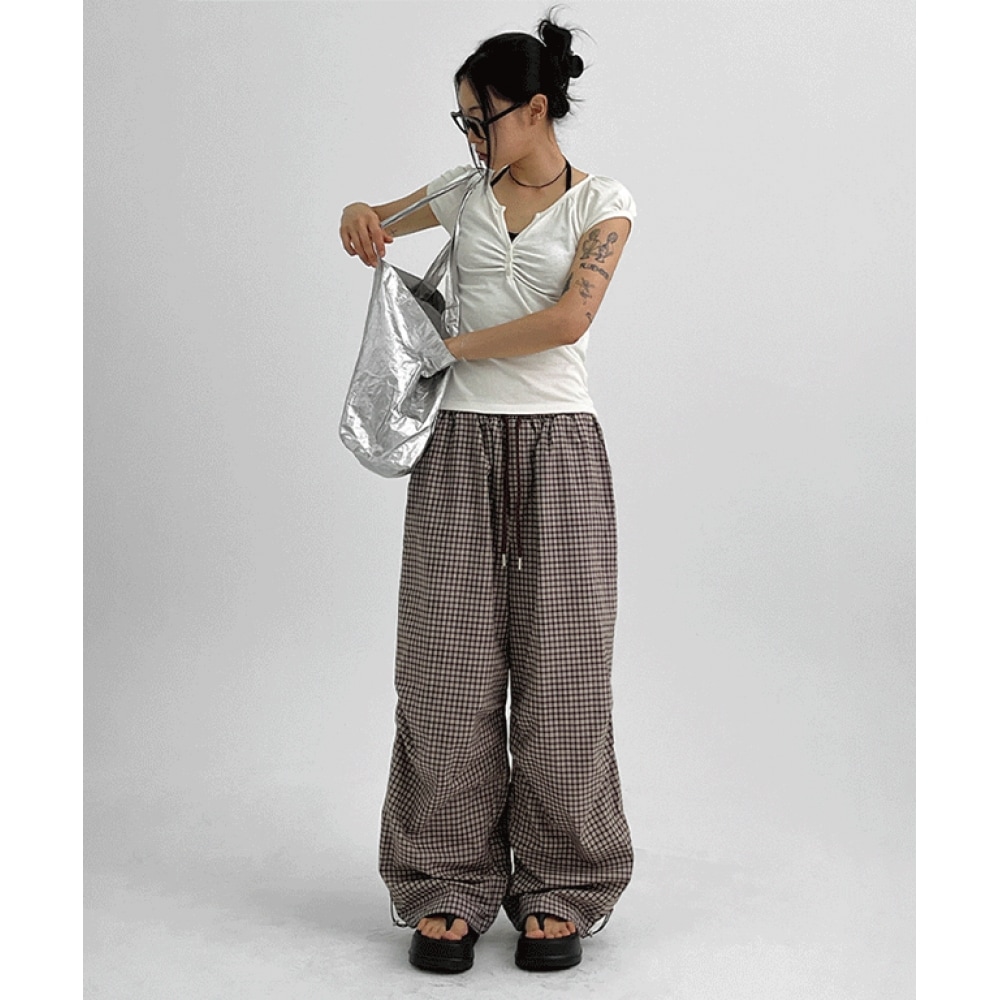 ブラックアップラップサマーバンディングチェックワイドツーウェイパンツ