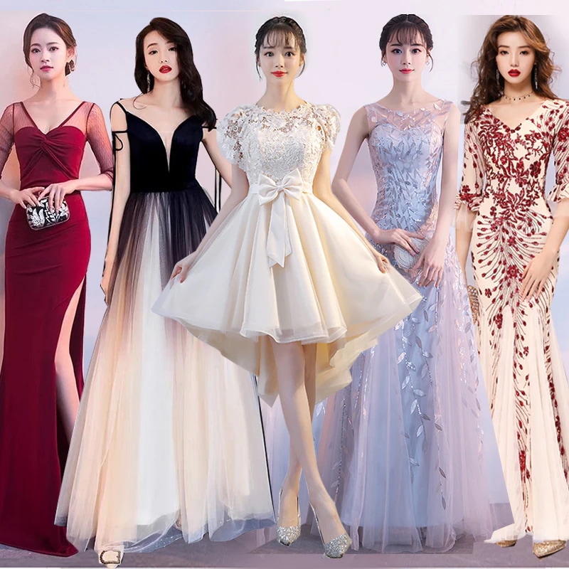 M348-1229追加 韓国ファッション結婚式ドレスエレガントドレスパーティー一字肩側開深いVネック