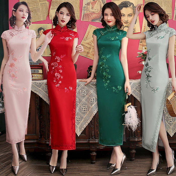 チャイナドレス 花刺繍 半袖 ロング丈 膝丈 3色 セクシー ハロウィン ワンピース チャイナ風 チャイナボタン スリット入り コスチューム 仮装 舞台ステージ イベント 学園祭 撮影 衣