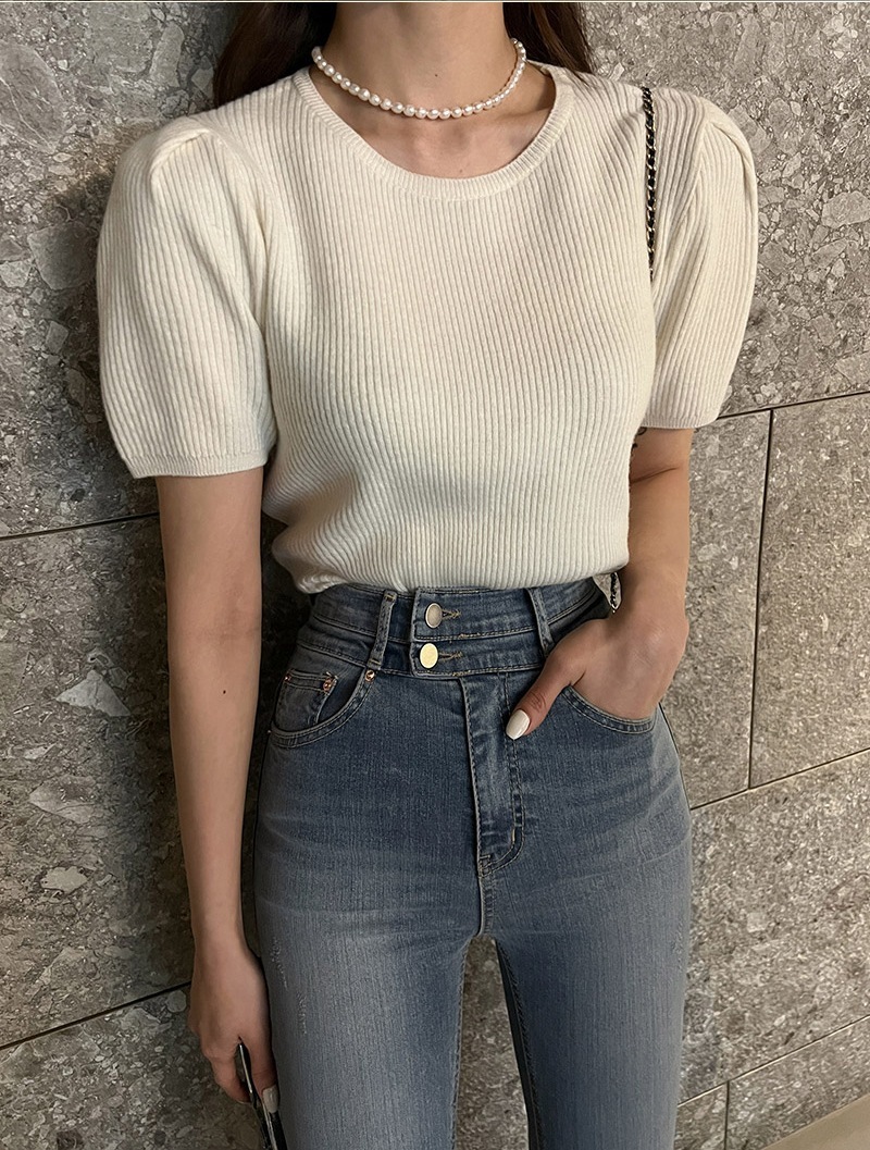 トップス ニットソー セーター 袖あり 半袖 パフスリーブ Uネック ラウンドネック クルーネック 襟なし リブ 伸縮性 ニット かわいい 大人可愛い きれいめ シンプル カジュアル 大人 上品