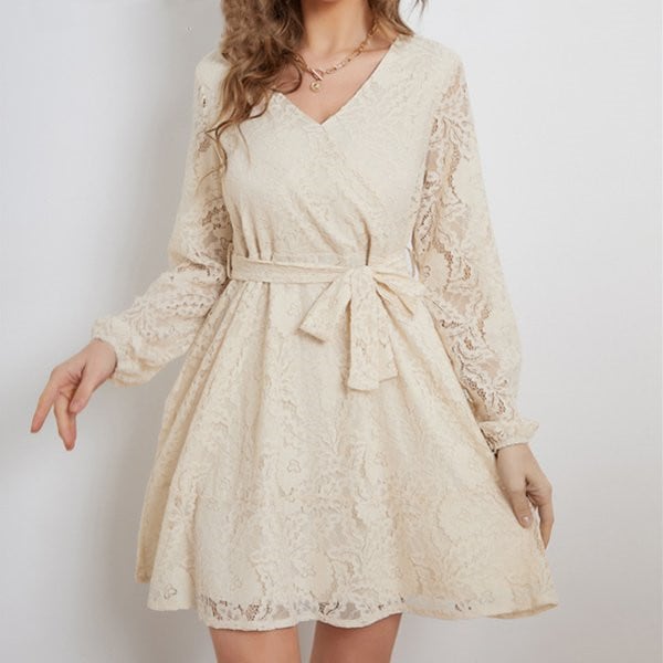ワンピースレースワンピース総レースAラインワンピースきれいめVネックリボン
