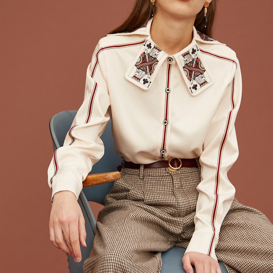 レディース ブラウス 長袖 襟付き ストレート フェミニン 異国風 ヴィンテージ かわいい 上品 おしゃれ レトロ ガーリー 個性的 クール モード系 エレガント モダン 主役級 存在感 ヴィンテージ