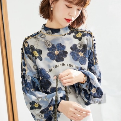 トップス ブラウス ボリューム袖 ランタンスリーブ ハイネック かわいい 大人可愛い 大人 上品