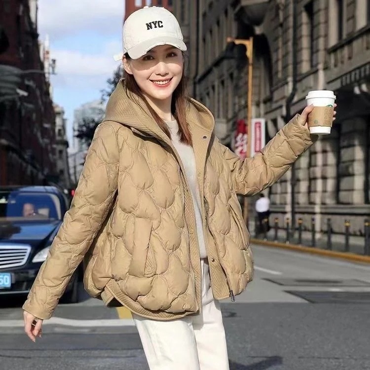 ホワイトダックダウンフェイクツーピースダウンジャケットレディースショートフード付き肥厚スプライシングジャケット小柄な人向け