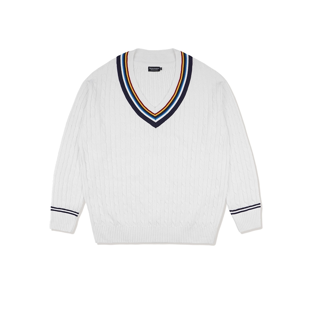 ファビュラスアーカイブユニセックス Vネックケーブルニットホワイト (FCD1KT209M)