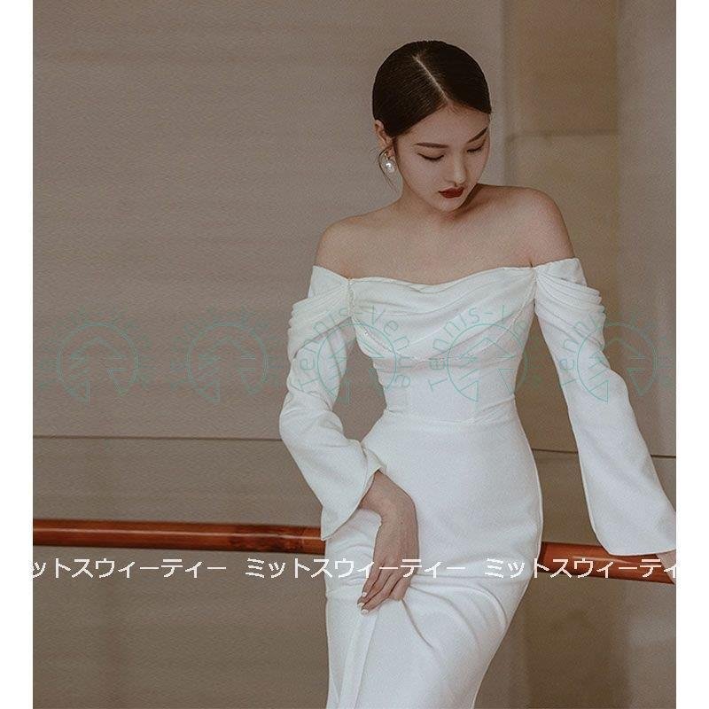ウェディングドレス ロングドレス 花嫁 ウエディングドレス イブニングドレス 長袖 サテン オフショ