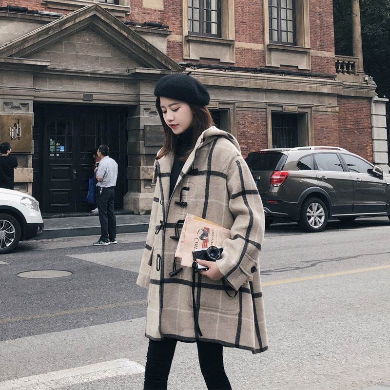ダッフルコート レディース チェック 柄 オートミール アウター ジャケット コート ピーコート 袖あり ミディアム丈 厚手 暖かい 長袖 秋 冬 S M L XL コーデ 10代 20代 韓国 ファ