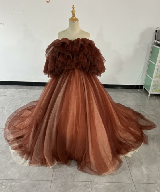 豪華！テラコッタ色 カラードレス フレアスカート ベアトップ 取り外しオフショルダー 花嫁/二次会