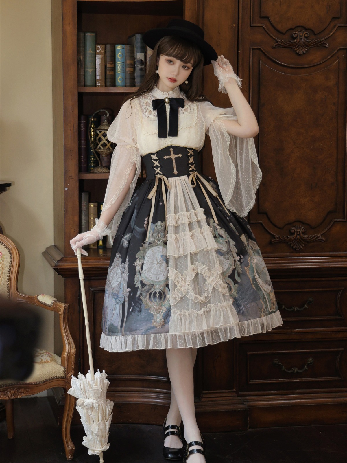 lolita地雷パーカーロリータ ワンピース ゴスロリワンピースバタフライクロックロリータシャツハイウエストスカートスーツ