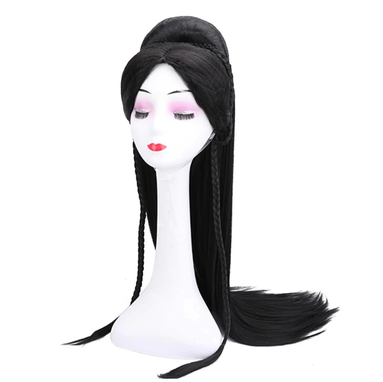 中華 コスプレ ウイッグ レディース 大人 中国古代 全頭かつら フルウイッグ 中国古代髪スタイル 漢唐古典美人 皇后 貴妃 変身 変装 コスチューム 黒 ロング 辮髪 土台 髷まげ 華流 舞台 ステ