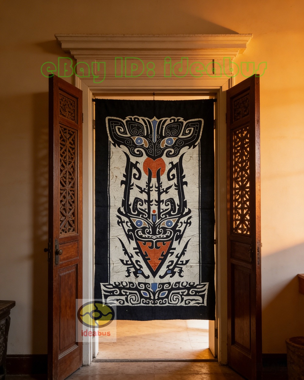 ろうけつ染めの絵 Art Wall Decor Hanging Batik Tapestry Door Curtain - Taotie Animal Mask Pattern 160x90cm