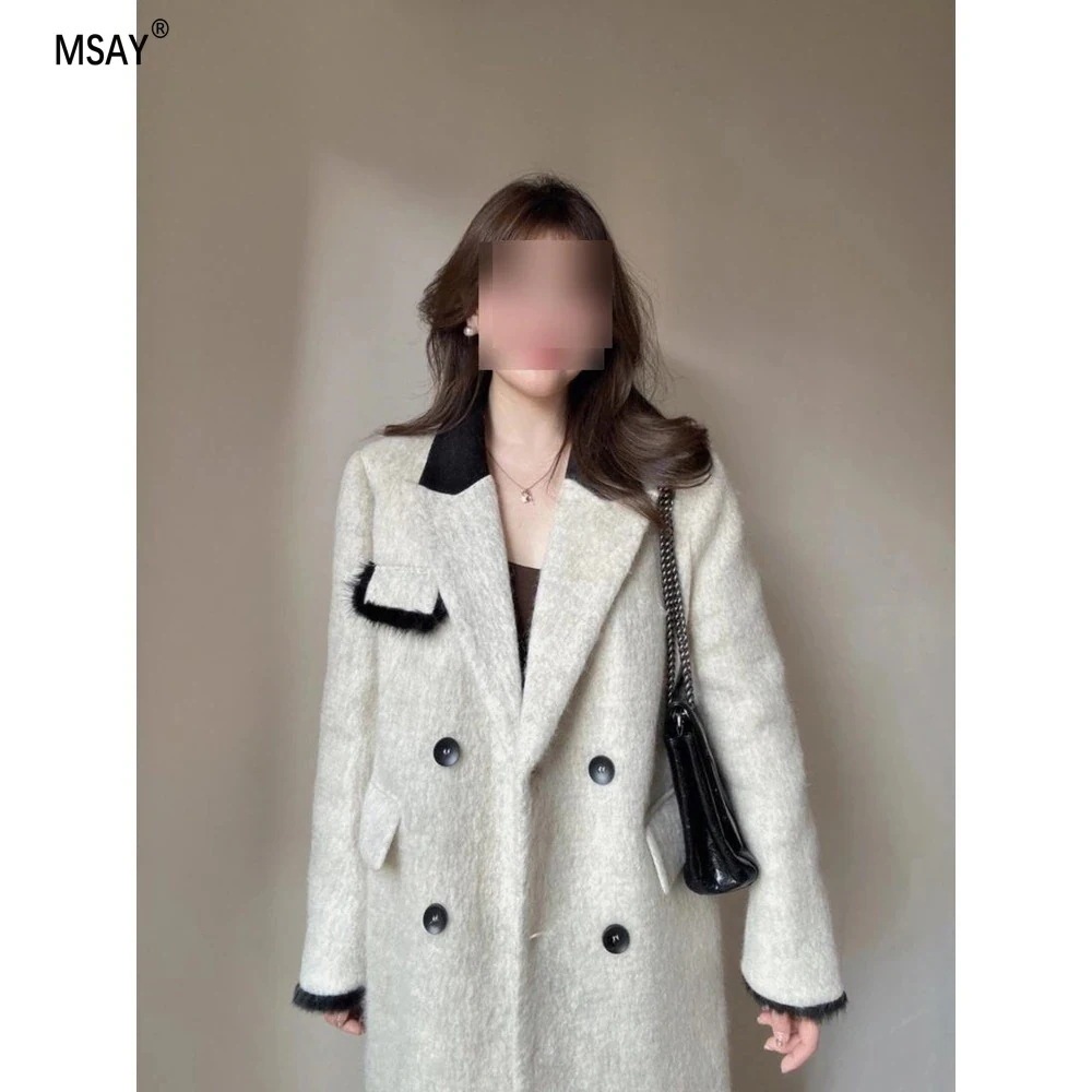 韓国ファッション 人気アウター オート麦色のパッチワーク小柄で大柄な女性のロング丈の韓系ヘップバーン風の毛をあしらったミリタリーコート