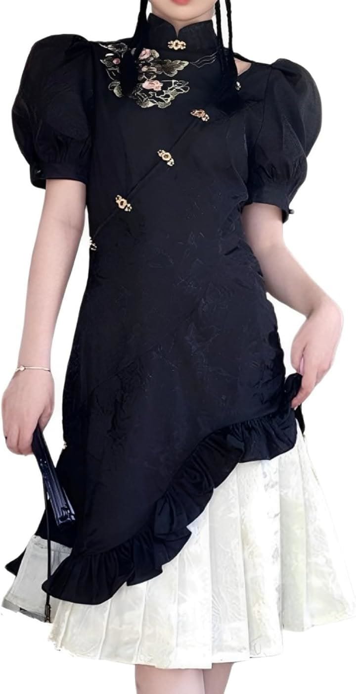 チャイナドレス ワンピース コスプレ 上品 可愛い 黒(ブラック, L)