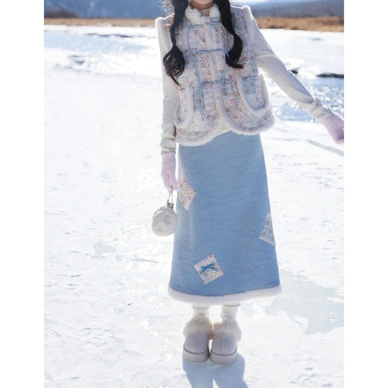 ふわふわのベストスリムフィットのベースレイヤースカートの秋冬レディース向けの甘くてエレガントな3点セット