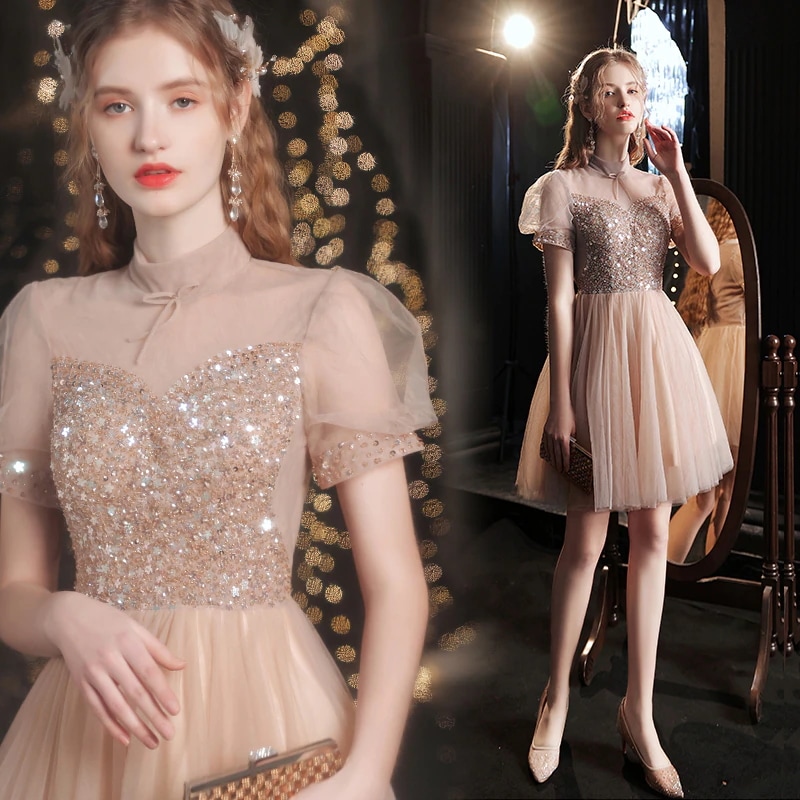 韓国ファッション 二次会 結婚式 パーティードレス ピンクの花嫁ウエディングドレス ウエディングドレス シンプルワンワードショルダー花嫁ウエディングドレスディナーパーティーパーティードレス演奏会