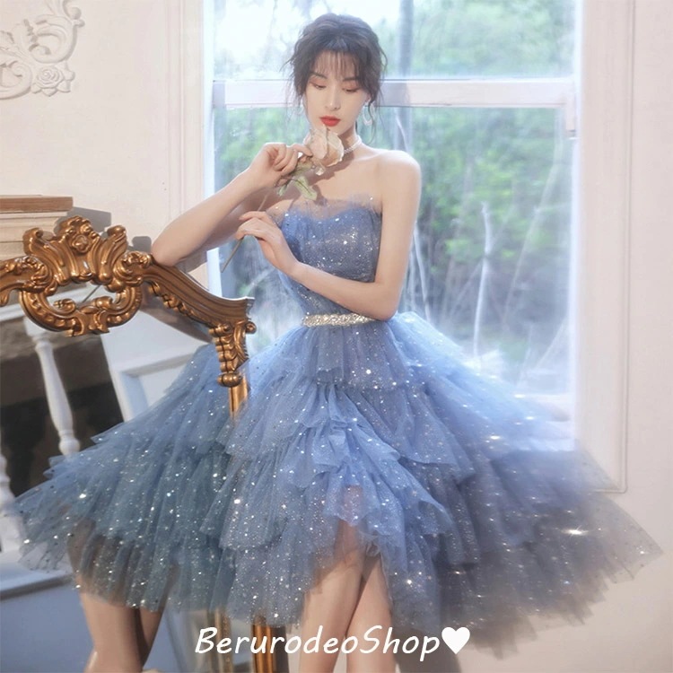 パーティードレス ブルー スパンコール キラキラドレス プリンセスドレス 誕生日 成人式ドレス ビスチェドレス 膝丈 結婚式ドレス 二次会ドレス お呼ばれドレス ノースリーブ ミモレ丈 20代 30代