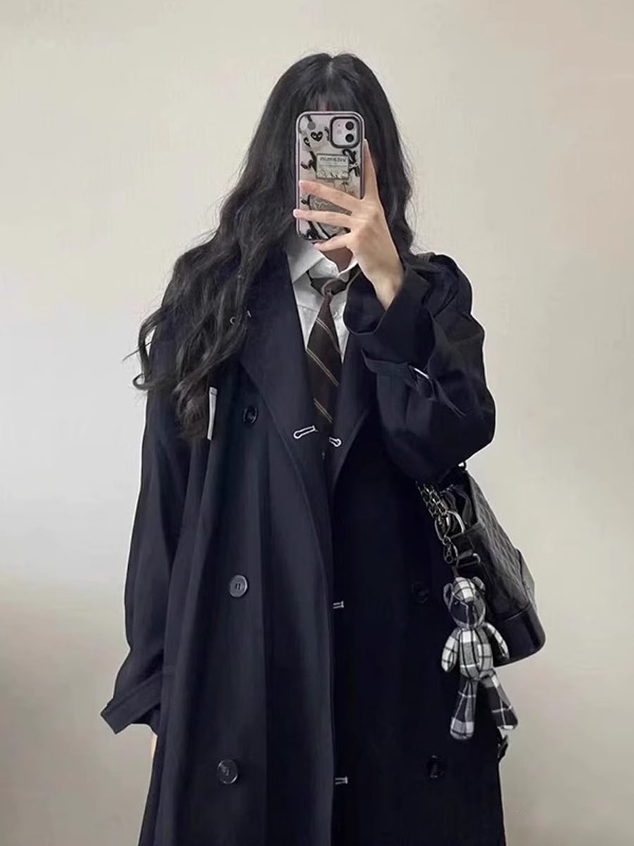 セクシーな黒のウインドブレーカー女性のミドル丈の春先と秋の小柄な新作スプリングコート