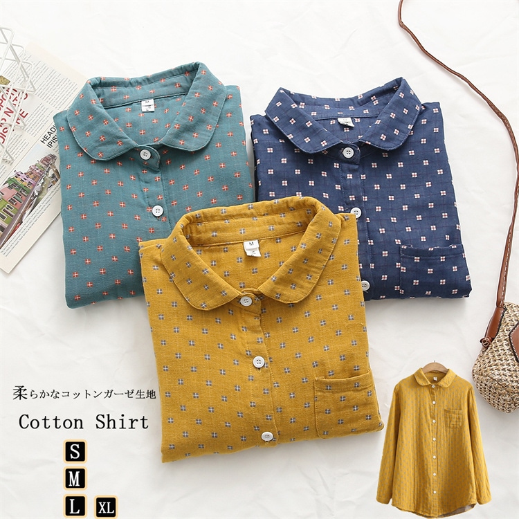 丸襟 シャツ 長袖 レディース 綿 コットンシャツ ダブルガーゼ 春 秋 ガーゼシャツ ガーゼ 肌触りいい トップス ウ