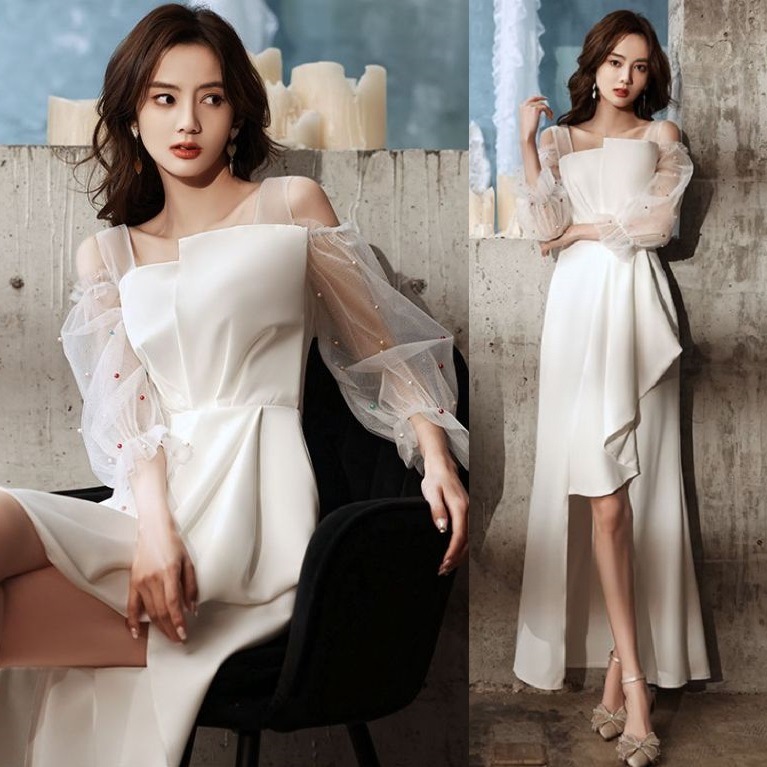 2点購入で200円割引すぐに発送可能 しいパーティードレス かっこいい 個性的 韓国 白 ドレス 白いワンピース イブニングドレス ロングドレス 成人式ドレス 結婚式お呼ばれドレス 二次会 披露宴 冬