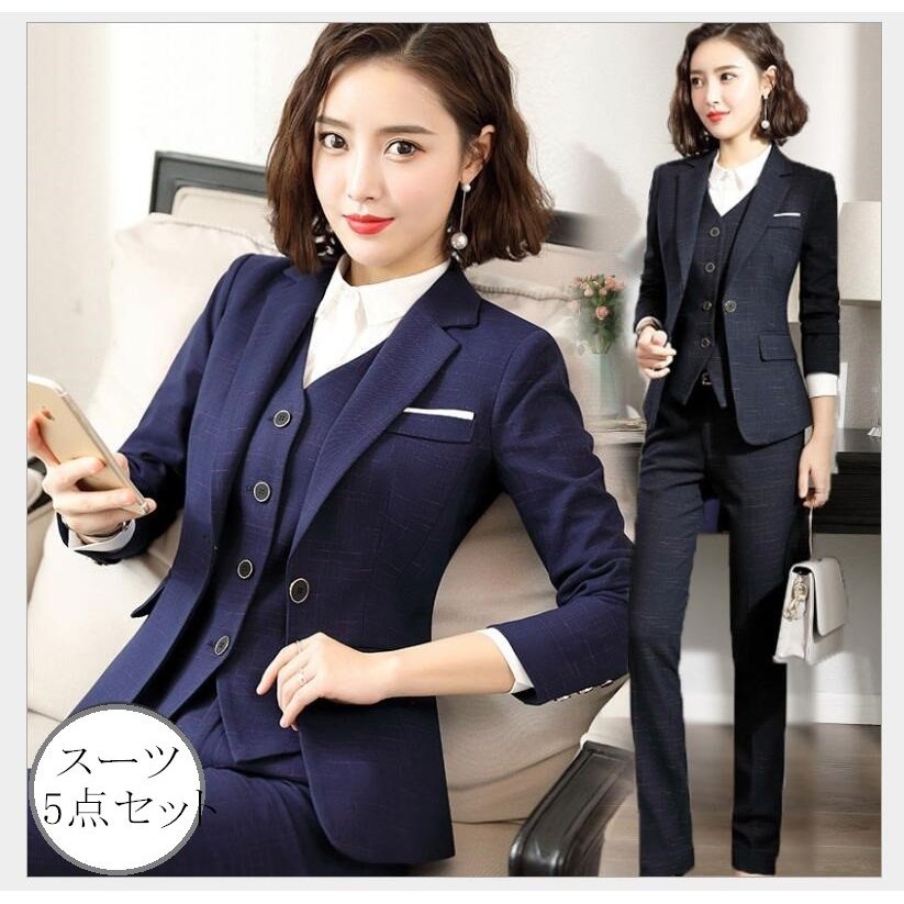 レディース5点セット スーツセット パンツセット チェック柄 20代30代40代 事務服 フォーマル