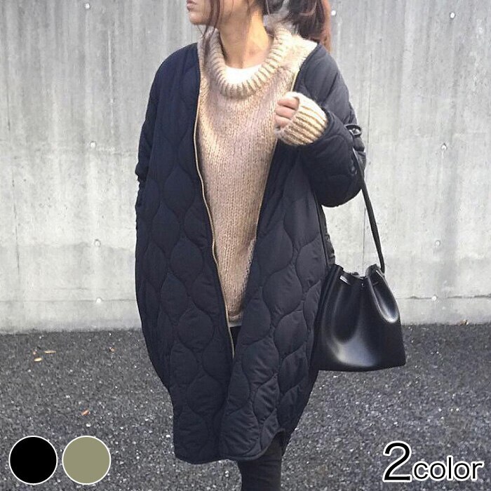 キルティングコートロングコートノーカラージップアップキルティングコートジャケットアウター秋冬2020