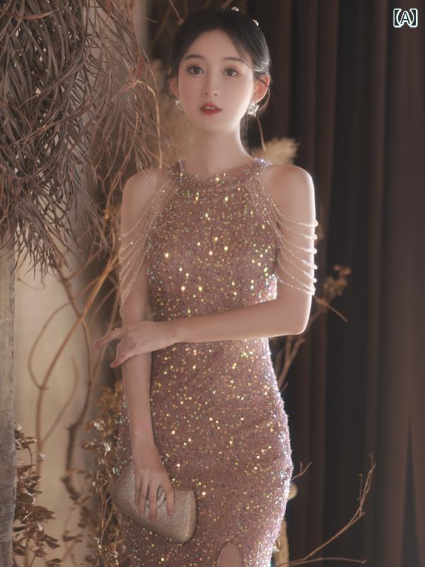 ドレス　パーティー　レディース が 美しく レディース イブニングドレス軽い 高級 ハイエンド 光沢の ある 年次 会議 ホスト ドレスの 感