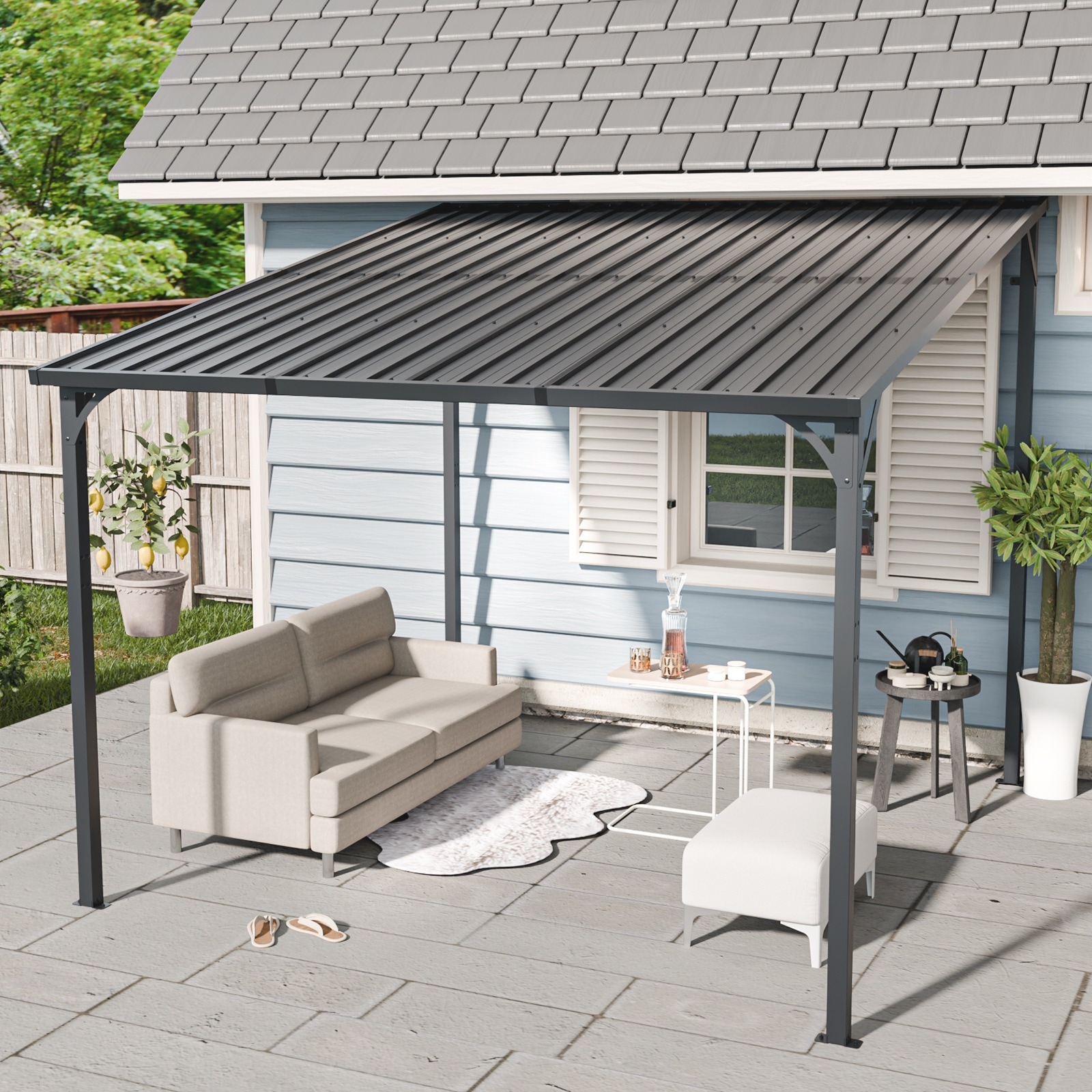 【国内発送】B 233テラス屋根 ベランダ 屋根 ひさし大型 重量型 バルコニー 雨よけ サイクルポート 4本の柱 パーゴラ 幅284*奥行き306*高251 亜鉛メッキ鋼 裏庭とバルコニーに適用 壁