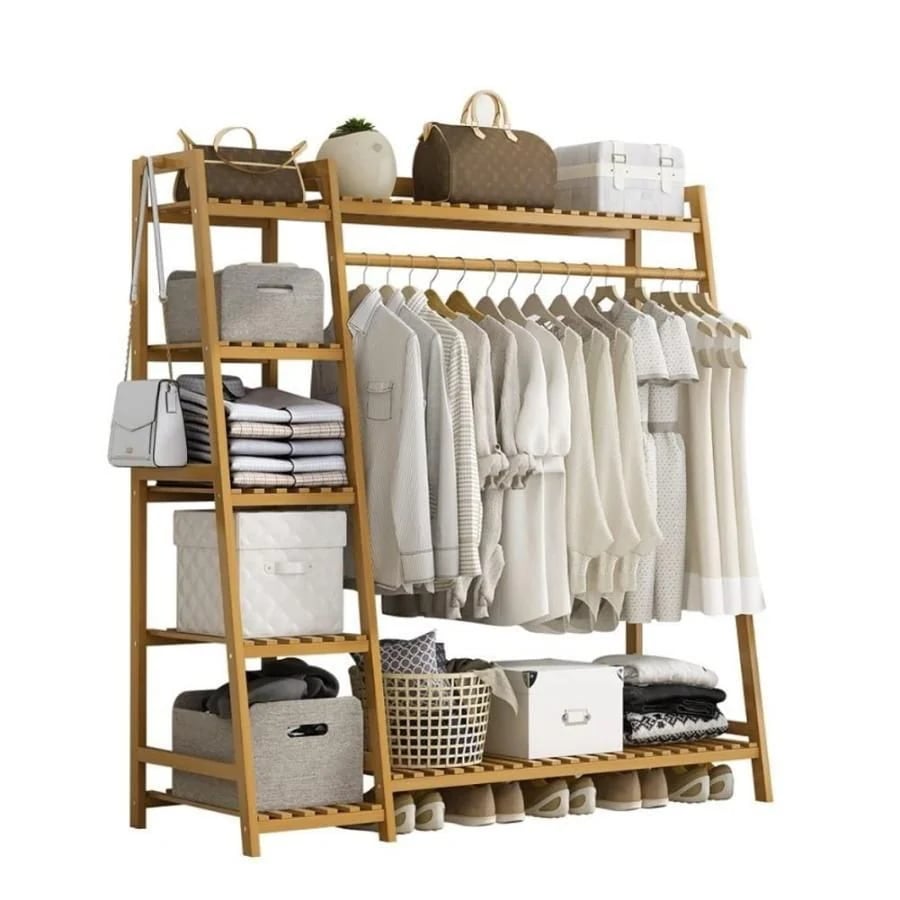 ハンガーラック 天然竹製 ワードローブ クローゼットポールハンガー 強力な耐荷重能力 おしゃれ 洋服掛け スタンド 押入れ収納 シングル衣類収納 頑丈 大容量