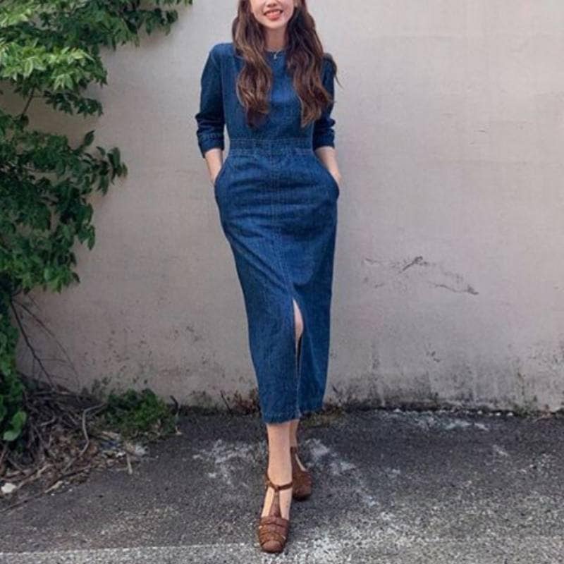 ワンピース デニムワンピース タイトワンピース 膝下 ミモレ ミモレ丈 ロング ロング丈 袖あり 7分袖 七分袖 クルーネック スリム タイト 細身 ストレート Iライン スマート スリット